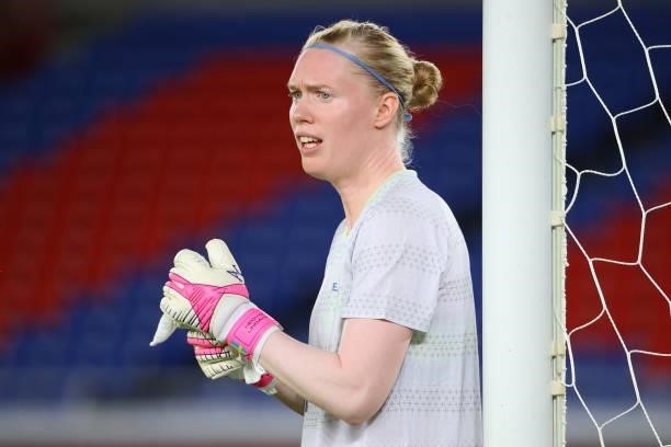 Hedvig Lindahl of Team Sweden reacts in the second half during the women's football gold medal match between Canada and Sweden on day fourteen of the...
