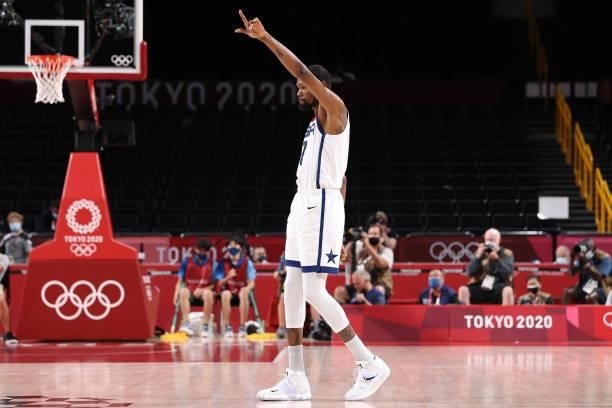 Kevin Durant of Team United States walks onto the court against Team France during the first half of a Men's Basketball Finals game on day fifteen of...
