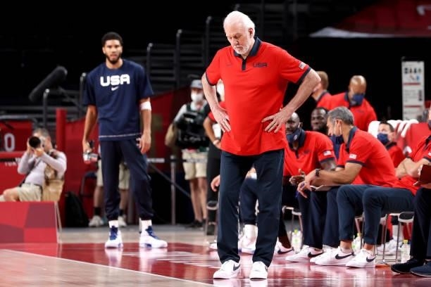 Head coach Gregg Popovich of Team United States reacts against Team France during the first half of a Men's Basketball Finals game on day fifteen of...