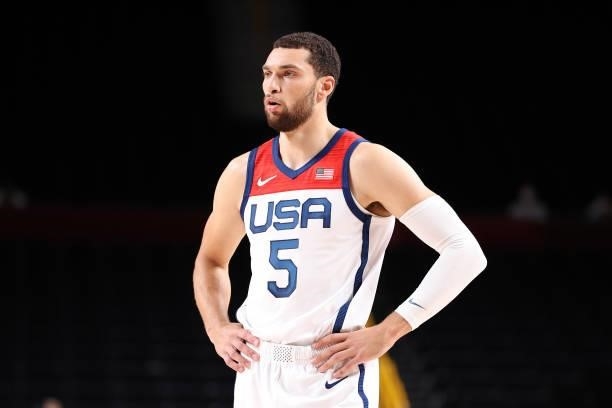 Zachary Lavine of Team United States looks on against France during the first half of a Men's Basketball Finals game on day fifteen of the Tokyo 2020...