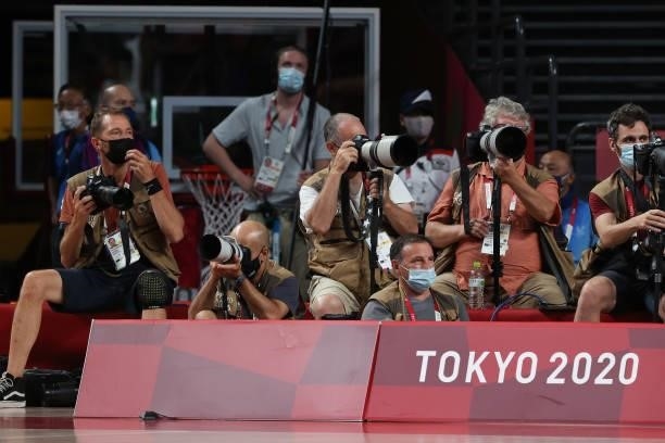 Photographers are seen for the Men's Basketball Finals game between United States of America and France on day fifteen of the Tokyo 2020 Olympic...