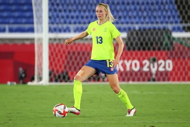 Amanda Ilestedt of Team Sweden controls the ball in the first period of extra time during the women's football gold medal match between Canada and...