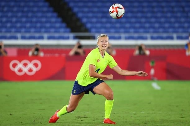 Hanna Glas of Team Sweden follows the ball in the first period of extra time during the women's football gold medal match between Canada and Sweden...
