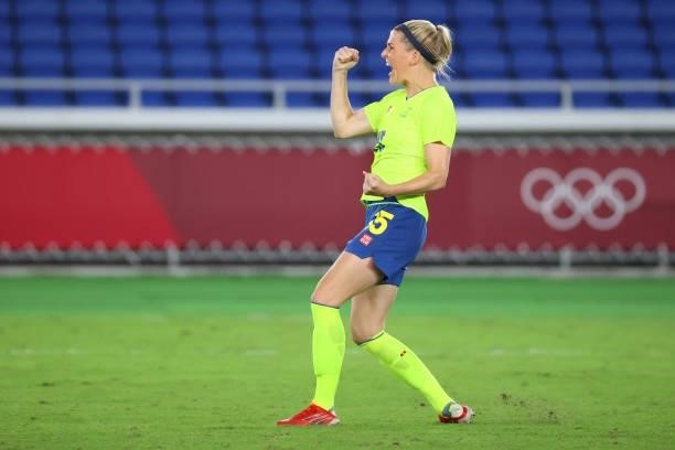 Olivia Schough of Team Sweden celebrates after making her shot during the penalty kick shoot-out during the women's football gold medal match between...