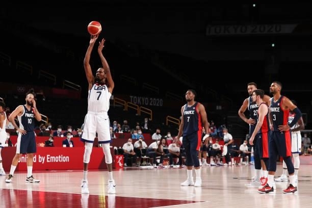Kevin Durant of Team United States attempts a free throw against Team France during the first half of a Men's Basketball Finals game on day fifteen...