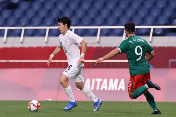 Wataru Endo in action during the Men's Bronze Medal Match between Mexico and Japan on day fourteen of the Tokyo 2020 Olympic Games at Saitama Stadium...