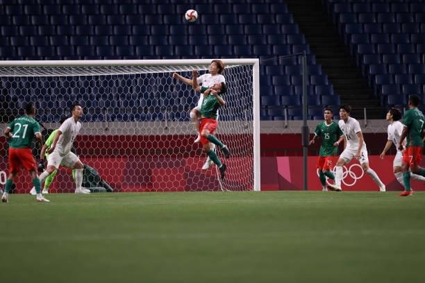 Kou Itakura of Team Japan heads the ball clear during the Men's Bronze Medal Match between Mexico and Japan on day fourteen of the Tokyo 2020 Olympic...