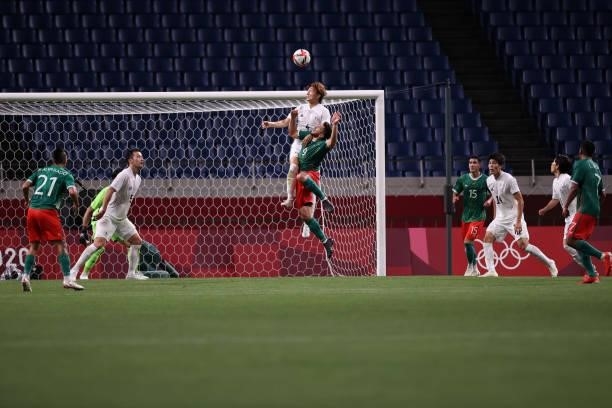 Kou Itakura of Team Japan heads the ball clear during the Men's Bronze Medal Match between Mexico and Japan on day fourteen of the Tokyo 2020 Olympic...