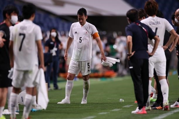 Maya Yoshida of Team Japan looks dejected following defeat in the Men's Bronze Medal Match between Mexico and Japan on day fourteen of the Tokyo 2020...