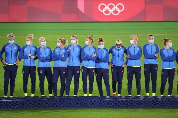 Team Sweden looks on during the medal ceremony after being defeated by Team Canada during the women's football gold medal match between Canada and...
