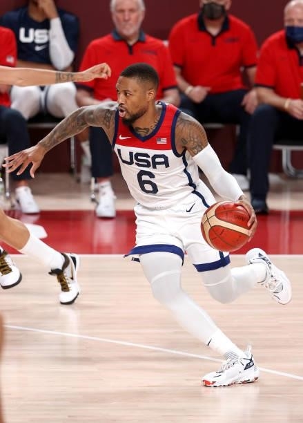 Damian Lillard of Team United States drives to the basket against Team France during the first half of a Men's Basketball Finals game on day fifteen...