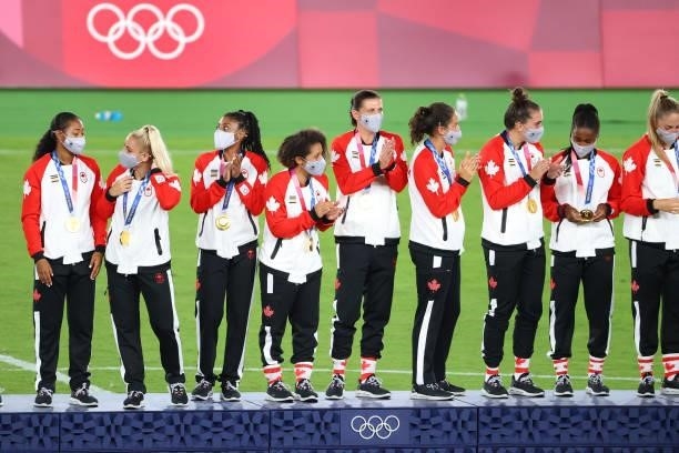 Captain Christine Sinclair of Team Canada looks on during the medal ceremony after defeating Team Sweden during the women's football gold medal match...