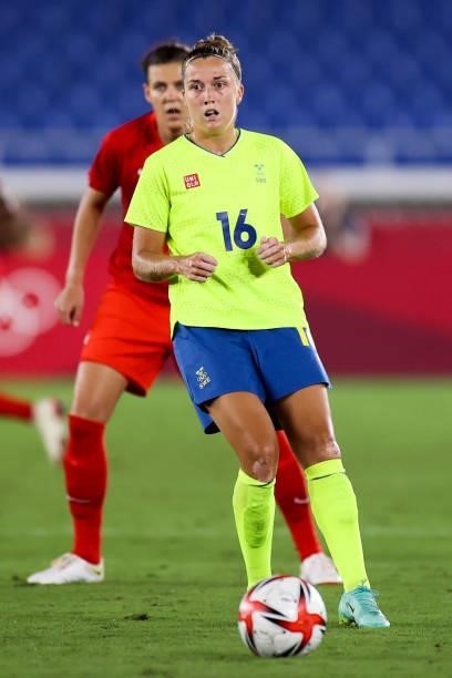 Filippa Angeldal of Team Sweden controls the ball during the Olympic women's football gold medal match between Sweden and Canada at International...