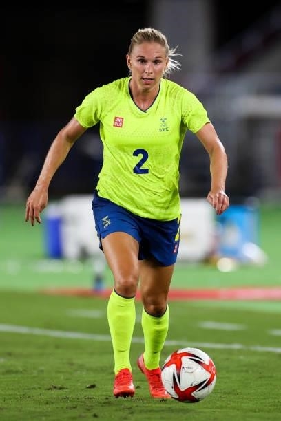 Jonna Andersson of Team Sweden controls the ball during the Olympic women's football gold medal match between Sweden and Canada at International...