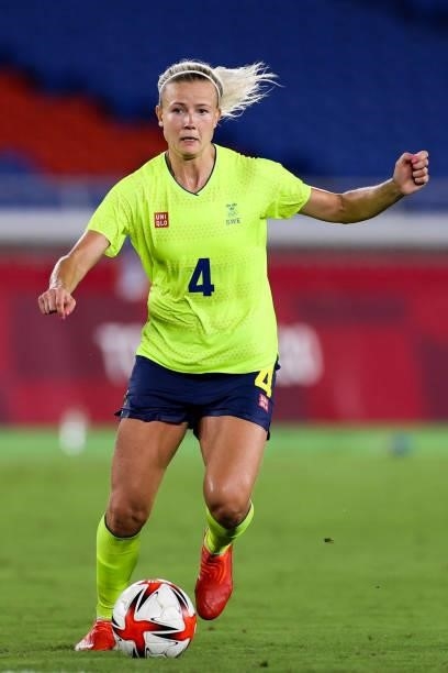 Hanna Glas of Team Sweden controls the ball during the Olympic women's football gold medal match between Sweden and Canada at International Stadium...