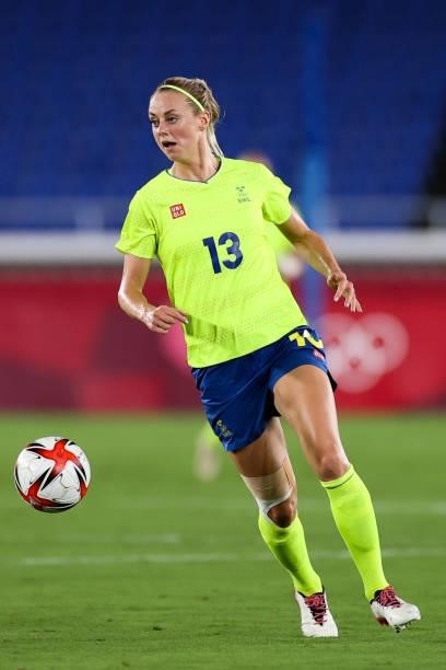 Amanda Ilestedt of Team Sweden controls the ball during the Olympic women's football gold medal match between Sweden and Canada at International...
