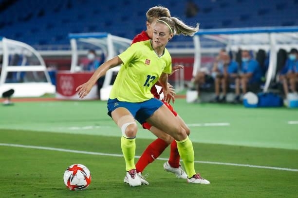 Amanda Ilestedt of Team Sweden controls the ball during the Olympic women's football gold medal match between Sweden and Canada at International...