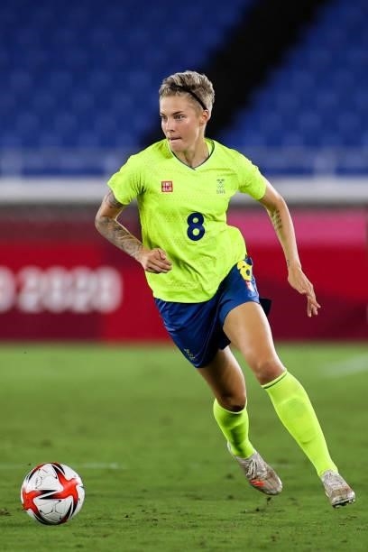 Lina Hurtig of Team Sweden controls the ball during the Olympic women's football gold medal match between Sweden and Canada at International Stadium...