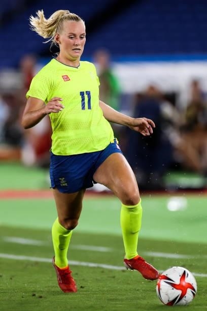 Lina Hurtig of Team Sweden controls the ball during the Olympic women's football gold medal match between Sweden and Canada at International Stadium...