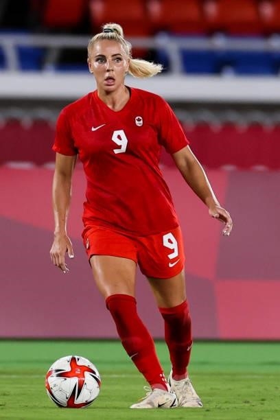 Adriana Leon of Team Canada controls the ball during the Olympic women's football gold medal match between Sweden and Canada at International Stadium...