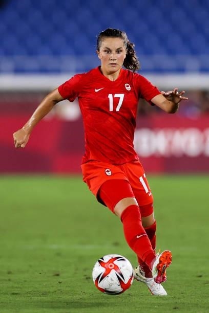 Jessie Fleming of Team Canada controls the ball during the Olympic women's football gold medal match between Sweden and Canada at International...