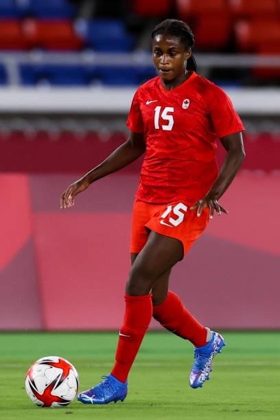 Nichelle Prince of Team Canada controls the ball during the Olympic women's football gold medal match between Sweden and Canada at International...
