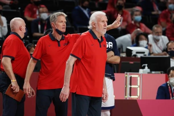 Team United States Head Coach Gregg Popovich and Assistant Coach Steve Kerr call out to their team from the bench during the second half of a Men's...