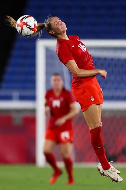 Janine Beckie of Team Canada competes for the ball during the Olympic women's football gold medal match between Sweden and Canada at International...