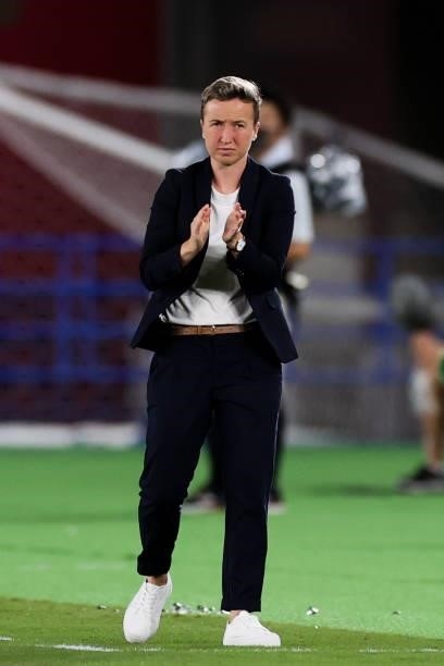 Bev Priestman head coach of Team Canada looks on during the Olympic women's football gold medal match between Sweden and Canada at International...