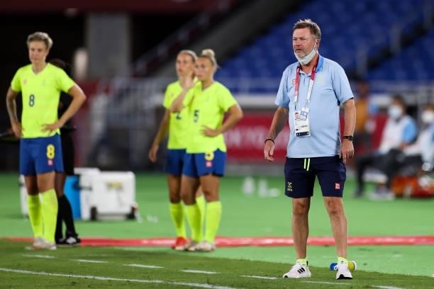 Peter Gerhardsson head coach of Team Sweden looks on during the Olympic women's football gold medal match between Sweden and Canada at International...