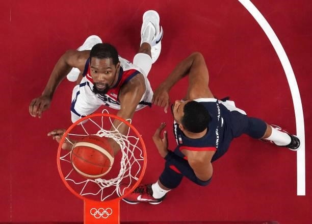 Kevin Durant of Team United States drives to the basket against Timothe Luwawu Kongbo of Team France during the second half of a Men's Basketball...