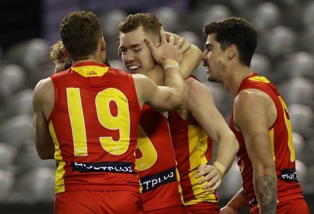 Jacob Townsend of the Suns celebrates after scoring a goal during the round 21 AFL match between Carlton Blues and Gold Coast Suns at Marvel Stadium...