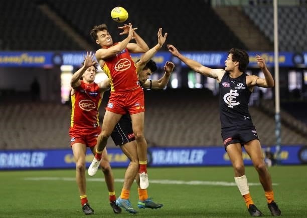 Jack Bowes of the Suns looks to get the ball during the round 21 AFL match between Carlton Blues and Gold Coast Suns at Marvel Stadium on August 07,...