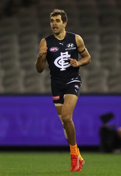 Jack Martin of the Blues celebrates after scoring a goal during the round 21 AFL match between Carlton Blues and Gold Coast Suns at Marvel Stadium on...