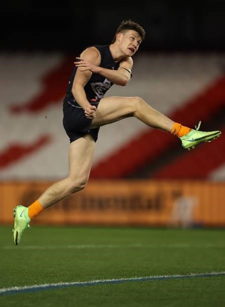 Sam Walsh of the Blues kicks the ball during the round 21 AFL match between Carlton Blues and Gold Coast Suns at Marvel Stadium on August 07, 2021 in...