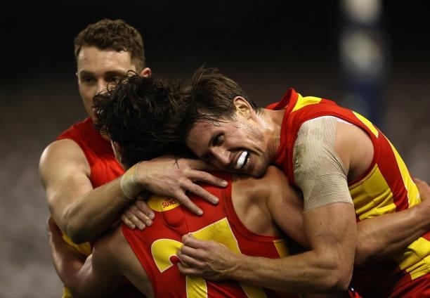 Wil Powell of the Suns celebrates after scoring a goal during the round 21 AFL match between Carlton Blues and Gold Coast Suns at Marvel Stadium on...