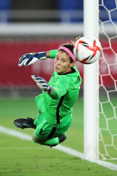 Stephanie Labbe of Team Canada stretches to attempt a save during the penalty shoot out which then hit the bar during the Gold Medal Match Women's...