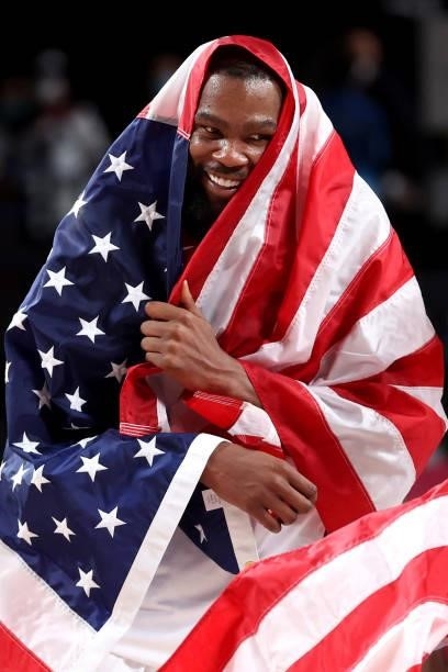 Kevin Durant of Team United States celebrates following the United States' victory over France in the Men's Basketball Finals game on day fifteen of...