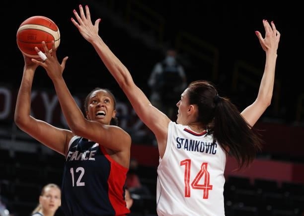 Iliana Rupert of Team France shoots against Dragana Stankovic of Team Serbia during the first half of a Women's Basketball Bronze medal game on day...
