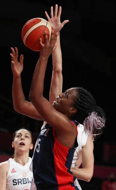 Endene Miyem of Team France shoots against Dragana Stankovic of Team Serbia during the first half of a Women's Basketball Bronze medal game on day...