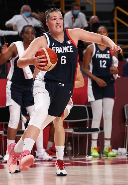 Alexia Chartereau of Team France drives to the basket against Team Serbia during the first half of a Women's Basketball Bronze medal game on day...