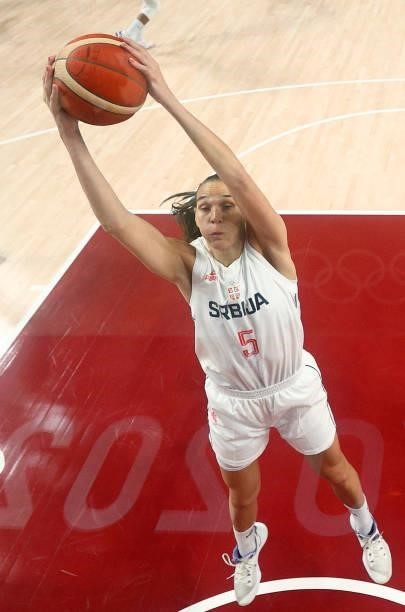 Sonja Vasic of Team Serbia pulls down a rebound against Team France during the first half of a Women's Basketball Bronze medal game on day fifteen of...