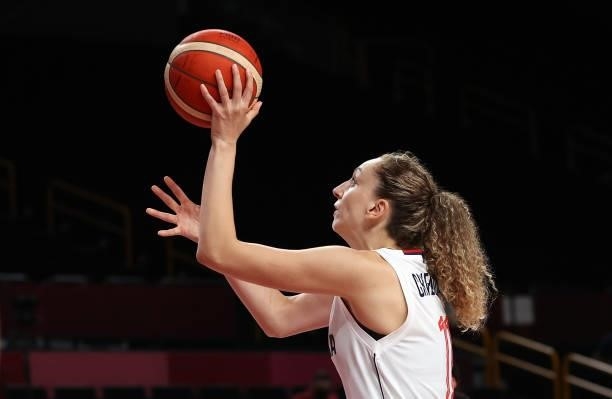 Aleksandra Crvendakic of Team Serbia takes a jump shot against Team France during the second half of a Women's Basketball Bronze medal game on day...