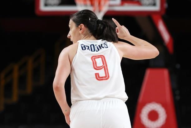 Jelena Brooks of Team Serbia reacts after making a three point basket against Team Franceduring the second half of a Women's Basketball Bronze medal...