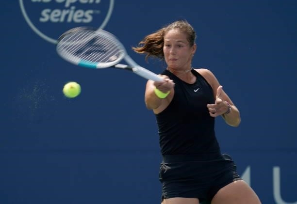 Daria Kasatkina of Russia returns a shot to Magada Linette of Poland during their quarterfinal match on Day 5 of the Mubadala Silicon Valley Classic...