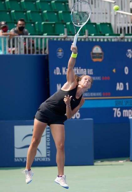 Daria Kasatkina of Russia serves to Magada Linette of Poland during their quarterfinal match on Day 5 of the Mubadala Silicon Valley Classic at...