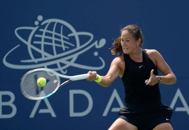 Daria Kasatkina of Russia returns a shot to Magada Linette of Poland during their quarterfinal match on Day 5 of the Mubadala Silicon Valley Classic...