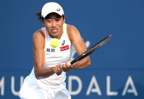 Shuai Zhang of China returns a shot to Ana Konjuh of Croatia during their quarterfinal match on Day 5 of the Mubadala Silicon Valley Classic at...