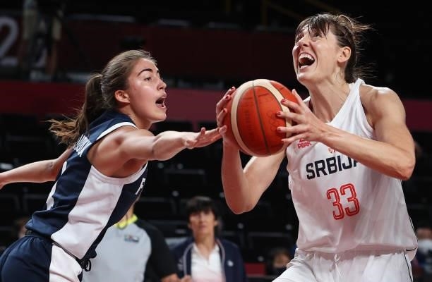 Tina Krajisnik of Team Serbia drives to the basket against Marine Fauthoux of Team France during the second half of a Women's Basketball Bronze medal...