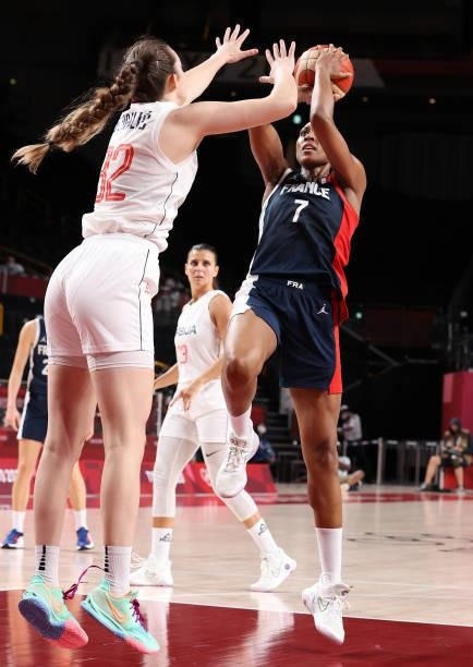 Sandrine Gruda of Team France shoots against Angela Dugalic of Team Serbia during the second half of a Women's Basketball Bronze medal game on day...